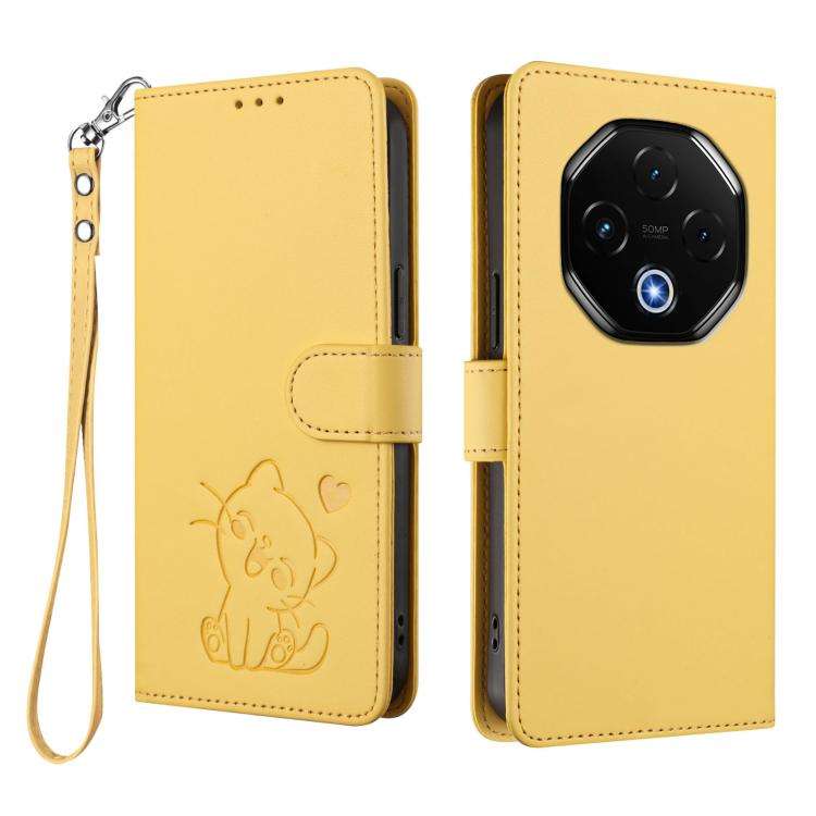 For Umidigi G100 Pro Embossed Heart Cat Leather Phone Case with Hand Strap(Yellow)