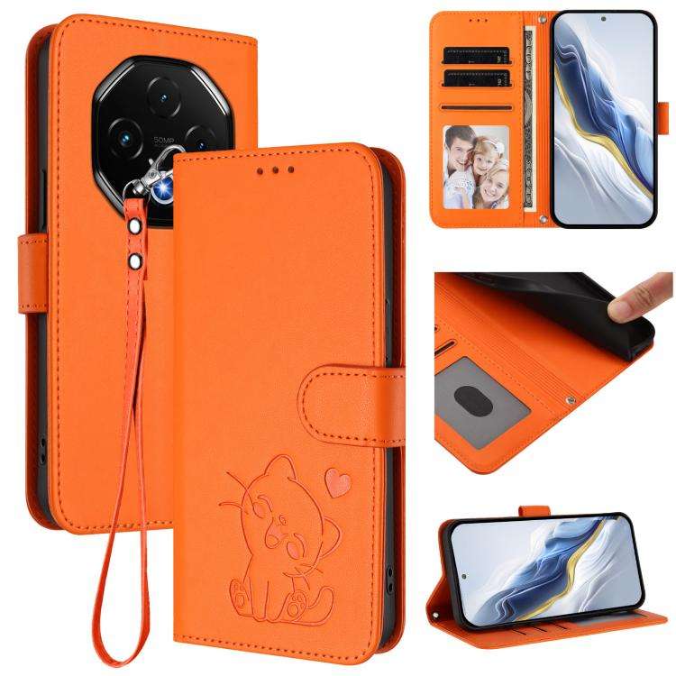 For Umidigi G100 Pro Embossed Heart Cat Leather Phone Case with Hand Strap(Orange)