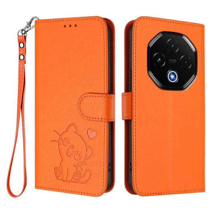 For Umidigi G100 Pro Embossed Heart Cat Leather Phone Case with Hand Strap(Orange)