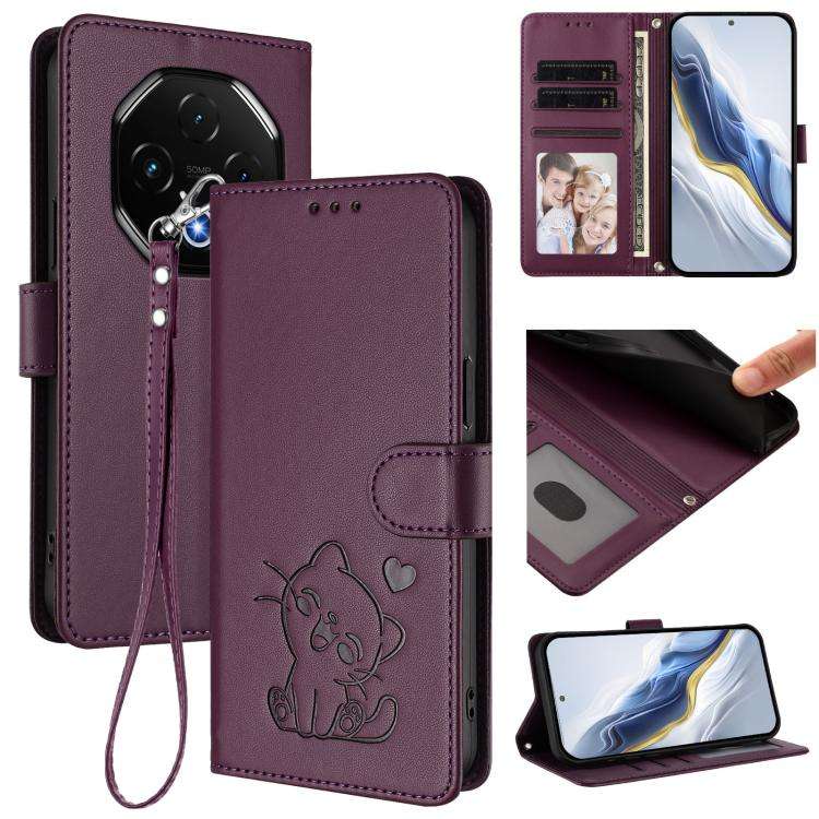 For Umidigi G100 Pro Embossed Heart Cat Leather Phone Case with Hand Strap(Dark Purple)