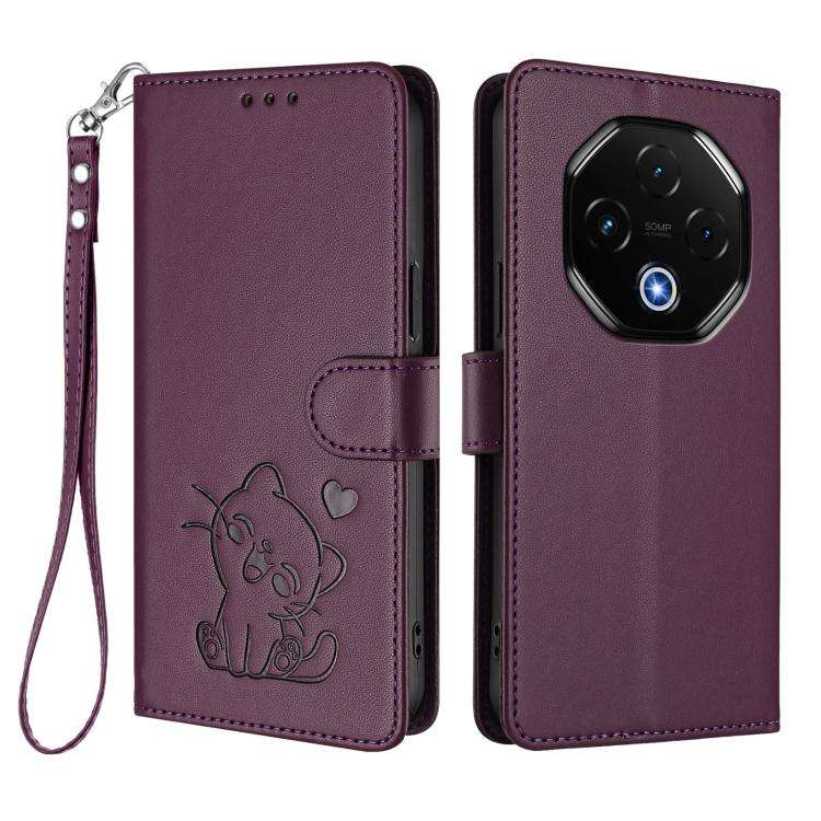 For Umidigi G100 Pro Embossed Heart Cat Leather Phone Case with Hand Strap(Dark Purple)
