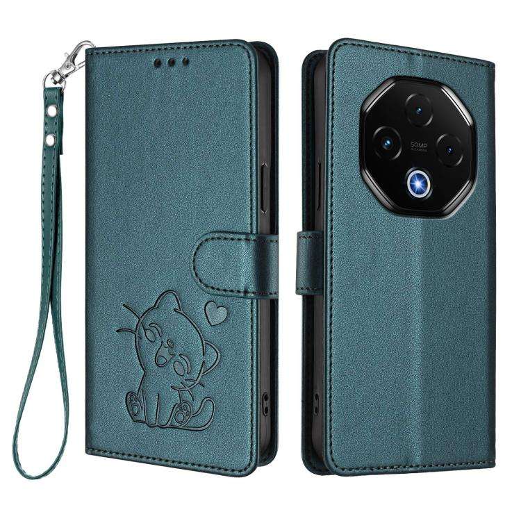 For Umidigi G100 Pro Embossed Heart Cat Leather Phone Case with Hand Strap(Dark Green)