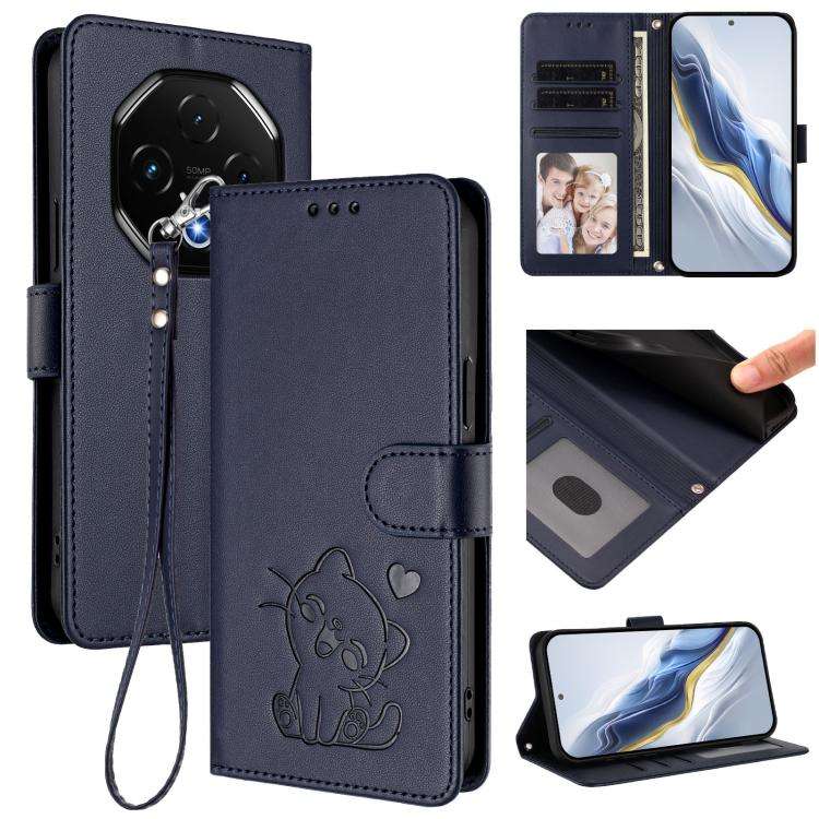 For Umidigi G100 Pro Embossed Heart Cat Leather Phone Case with Hand Strap(Blue)