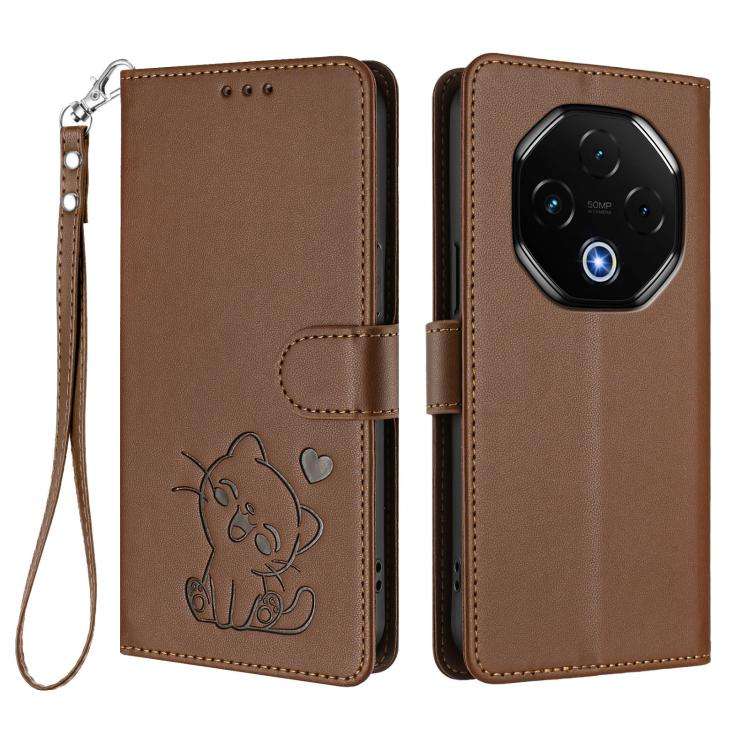 For Umidigi G100 Pro Embossed Heart Cat Leather Phone Case with Hand Strap(Brown)