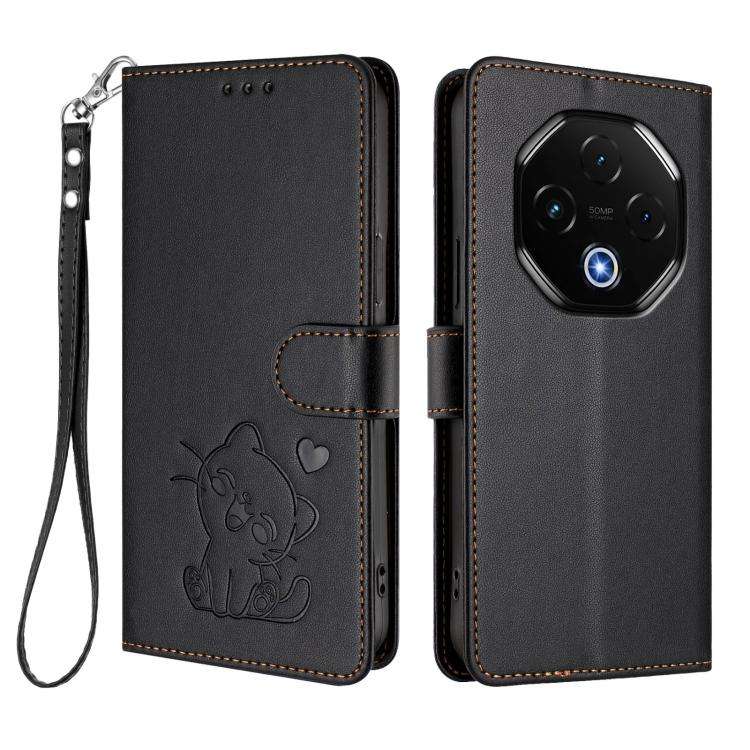 For Umidigi G100 Pro Embossed Heart Cat Leather Phone Case with Hand Strap(Black)