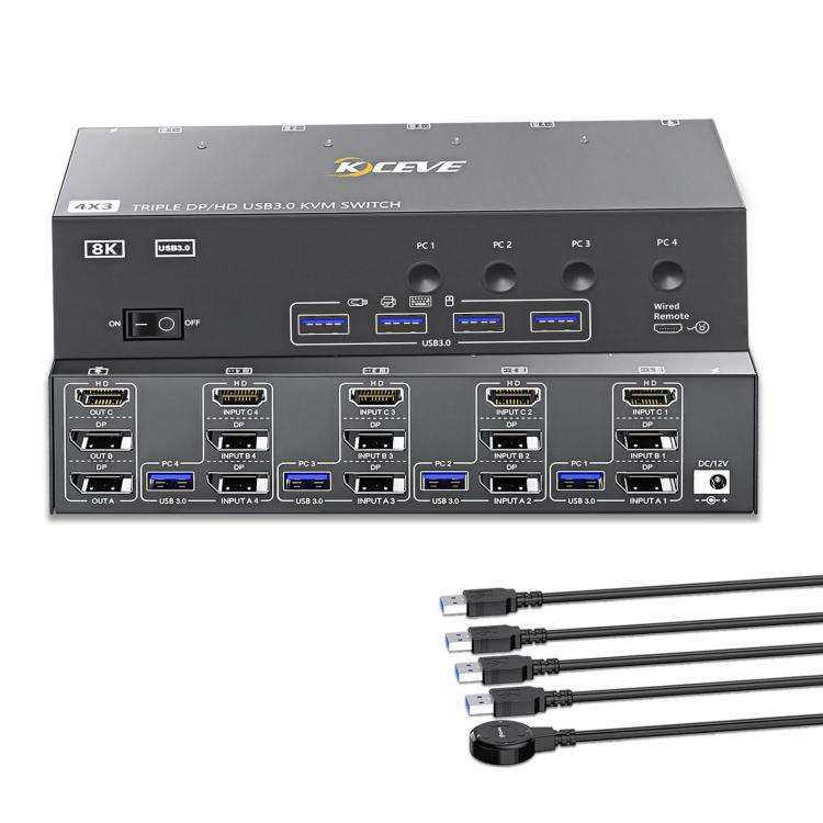 KCEVE KC-KVM403DH 4 IN 1 OUT DP/HD USB 3.0 4K 144Hz KVM Switch, Plug Type:EU Plug