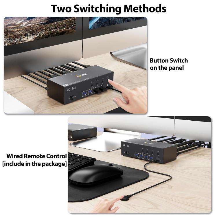KCEVE KC-KVM403DH 4 IN 1 OUT DP/HD USB 3.0 4K 144Hz KVM Switch, Plug Type:US Plug