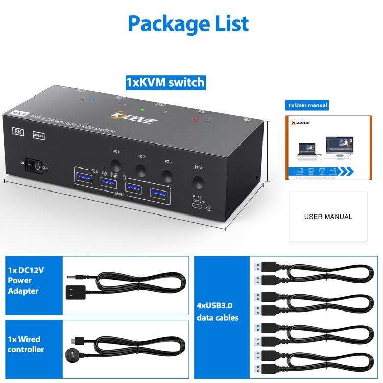 KCEVE KC-KVM403DH 4 IN 1 OUT DP/HD USB 3.0 4K 144Hz KVM Switch, Plug Type:AU Plug