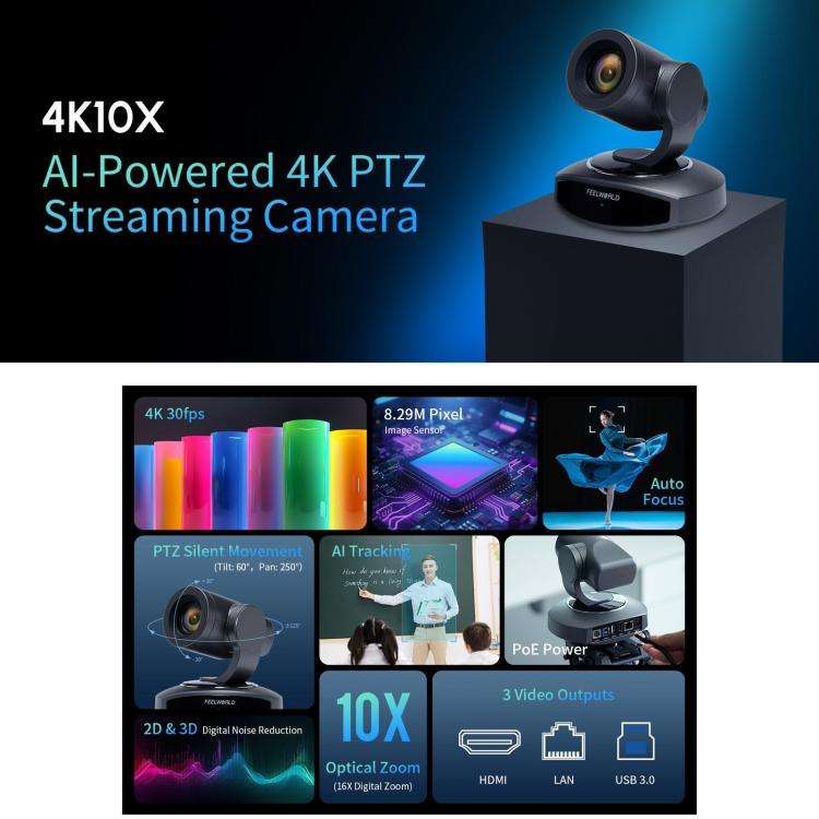 FEELWORLD 4K10X 4K PTZ Camera 10X Optical Zoom AI Tracking HDMI-compatible USB IP Remote Control(...