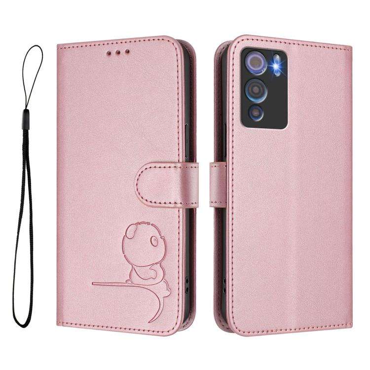 For Doogee N60 Pro Litter Panda Embossing RFID Leather Phone Case with Lanyard(Pink)