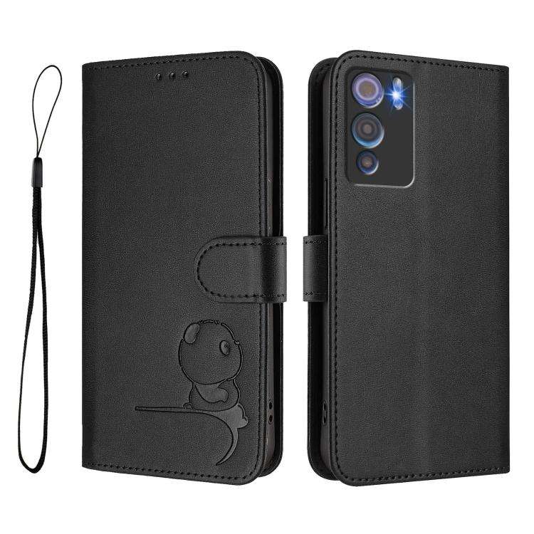 For Doogee N60 Pro Litter Panda Embossing RFID Leather Phone Case with Lanyard(Black)