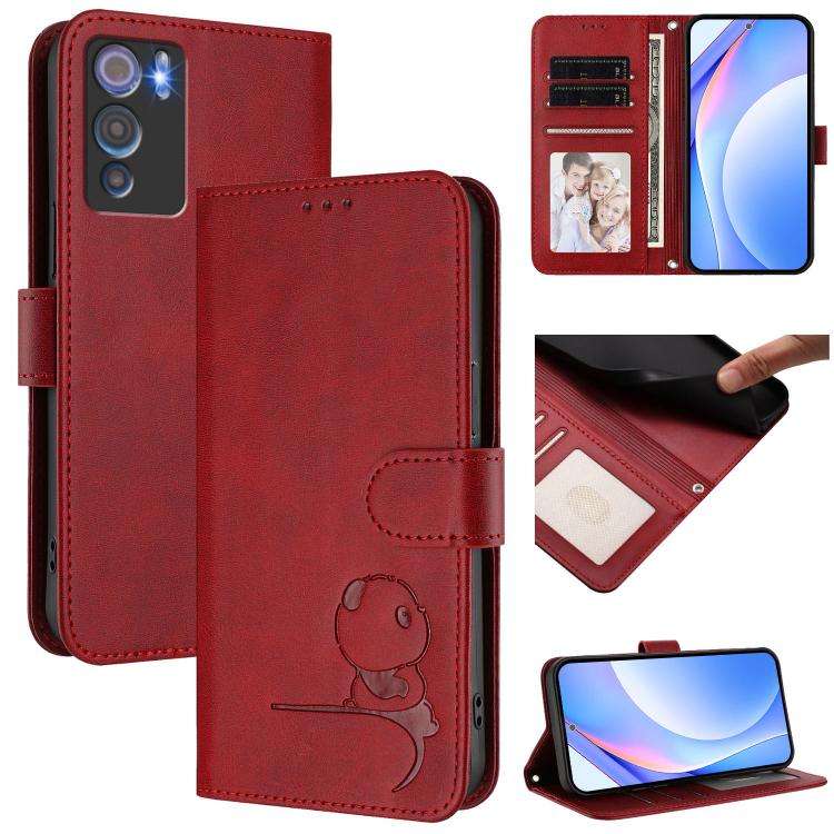 For Doogee N60 Pro Litter Panda Embossing RFID Leather Phone Case with Lanyard(Wine Red)