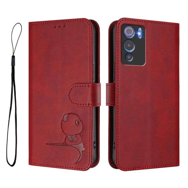 For Doogee N60 Pro Litter Panda Embossing RFID Leather Phone Case with Lanyard(Wine Red)