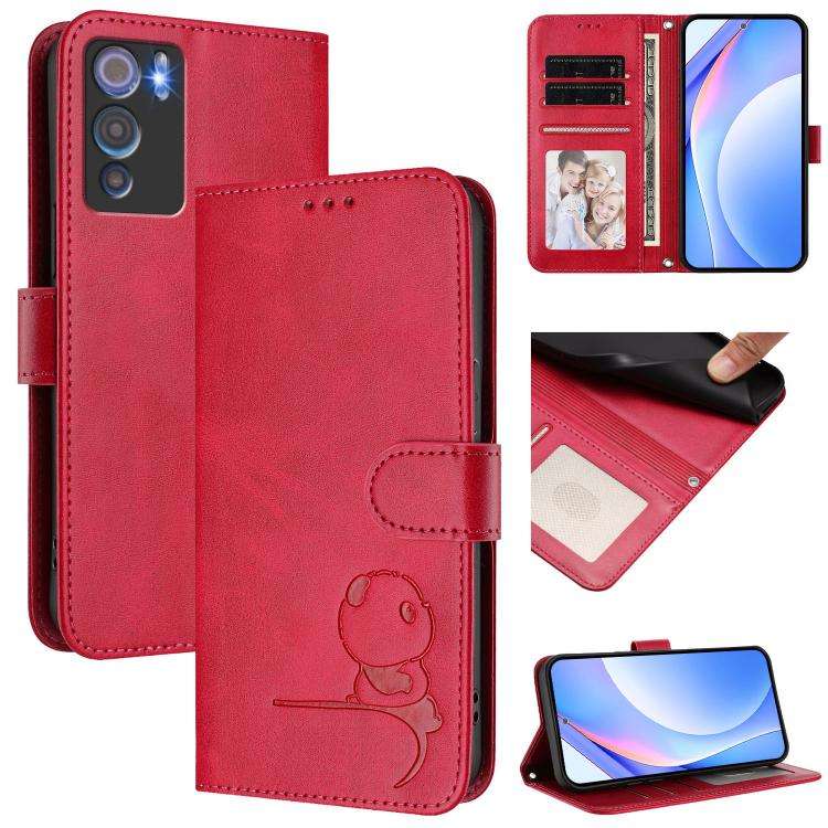 For Doogee N60 Pro Litter Panda Embossing RFID Leather Phone Case with Lanyard(Rose Red)