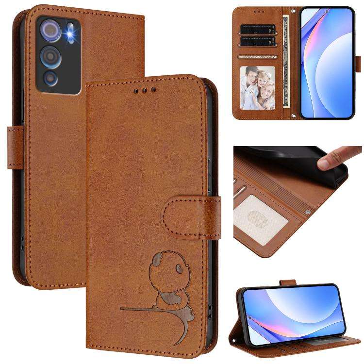 For Doogee N60 Pro Litter Panda Embossing RFID Leather Phone Case with Lanyard(Brown)