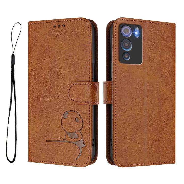 For Doogee N60 Pro Litter Panda Embossing RFID Leather Phone Case with Lanyard(Brown)