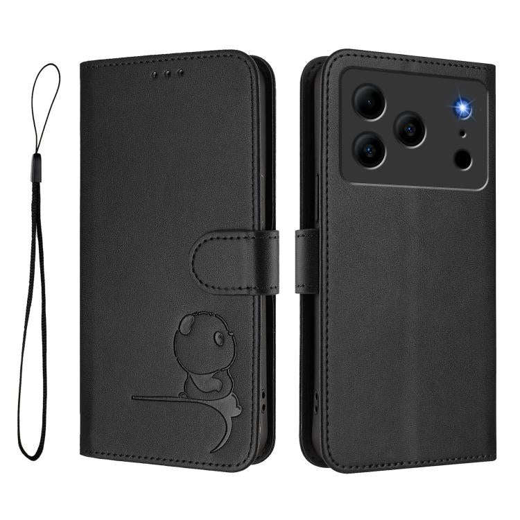 For Doogee N56 / N56 Pro Litter Panda Embossing RFID Leather Phone Case with Lanyard(Black)