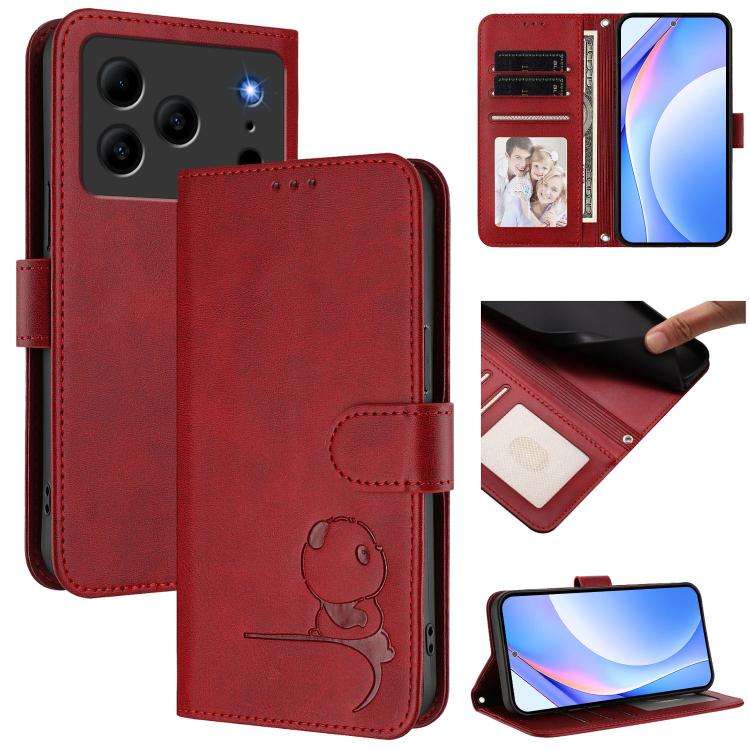 For Doogee N56 / N56 Pro Litter Panda Embossing RFID Leather Phone Case with Lanyard(Wine Red)