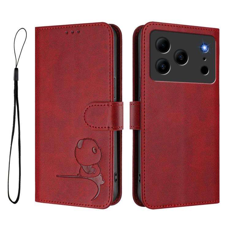 For Doogee N56 / N56 Pro Litter Panda Embossing RFID Leather Phone Case with Lanyard(Wine Red)