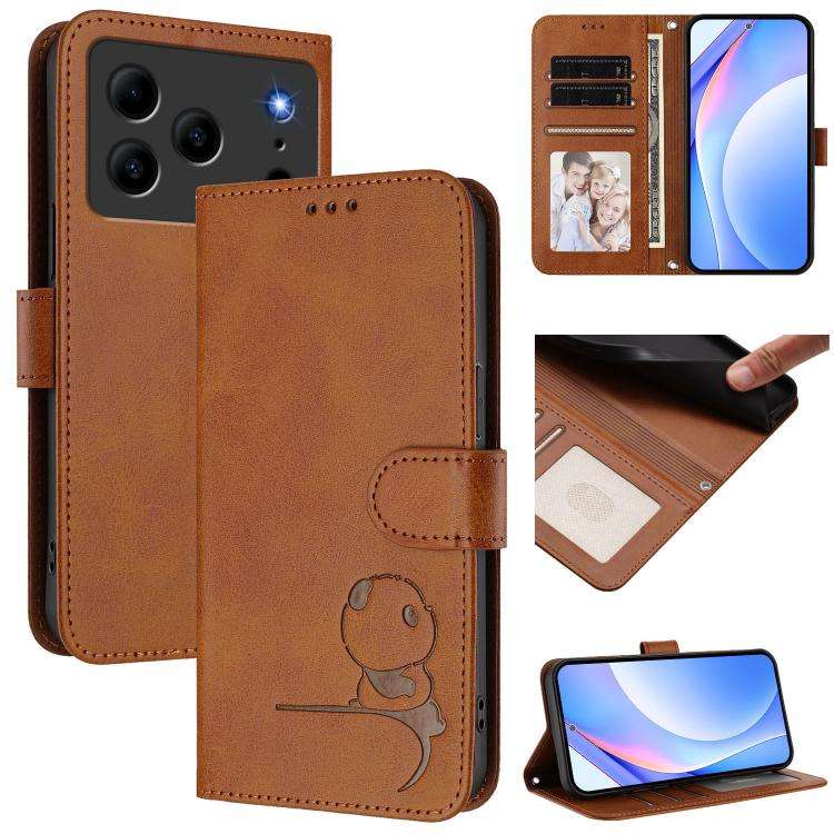 For Doogee N56 / N56 Pro Litter Panda Embossing RFID Leather Phone Case with Lanyard(Brown)