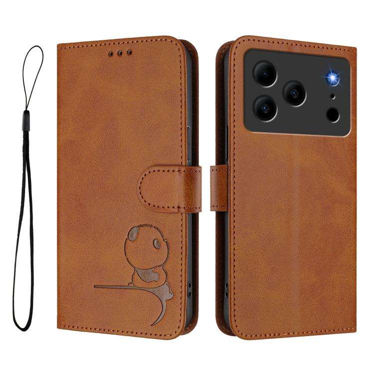 For Doogee N56 / N56 Pro Litter Panda Embossing RFID Leather Phone Case with Lanyard(Brown)