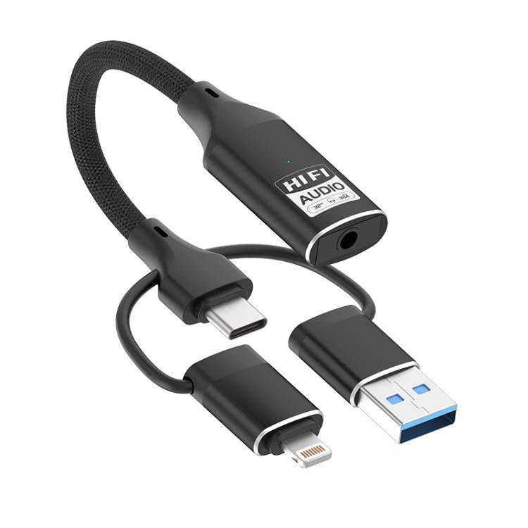 3 in 1 8 Pin, Type-C, USB to 3.5mm Multi-function External Sound Card(Black)