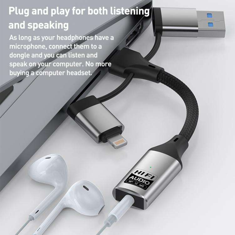 3 in 1 8 Pin, Type-C, USB to 3.5mm Multi-function External Sound Card(Silver)