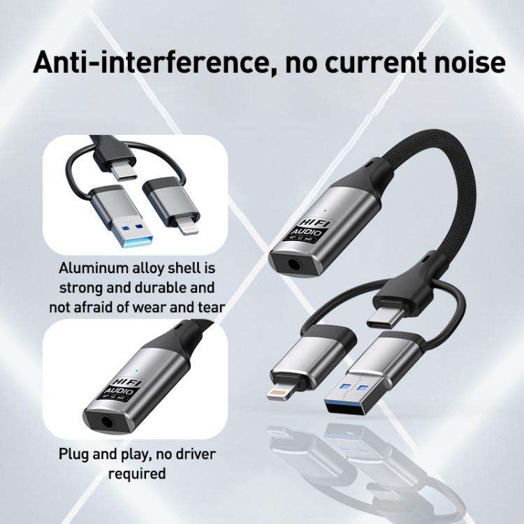 3 in 1 8 Pin, Type-C, USB to 3.5mm Multi-function External Sound Card(Silver)