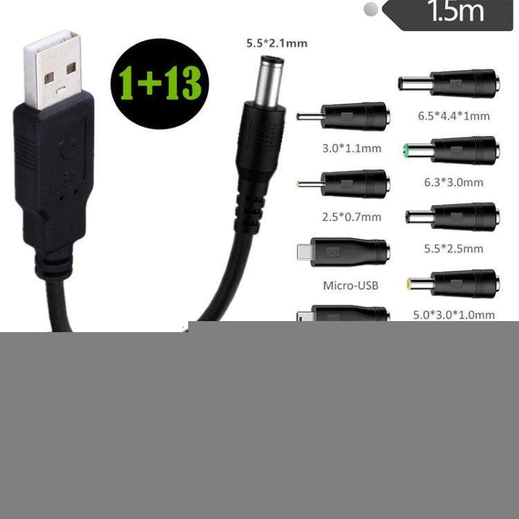 1.5m USB to DC5.5x2.1mm Male Power Cord with 13pcs Converter(Black)