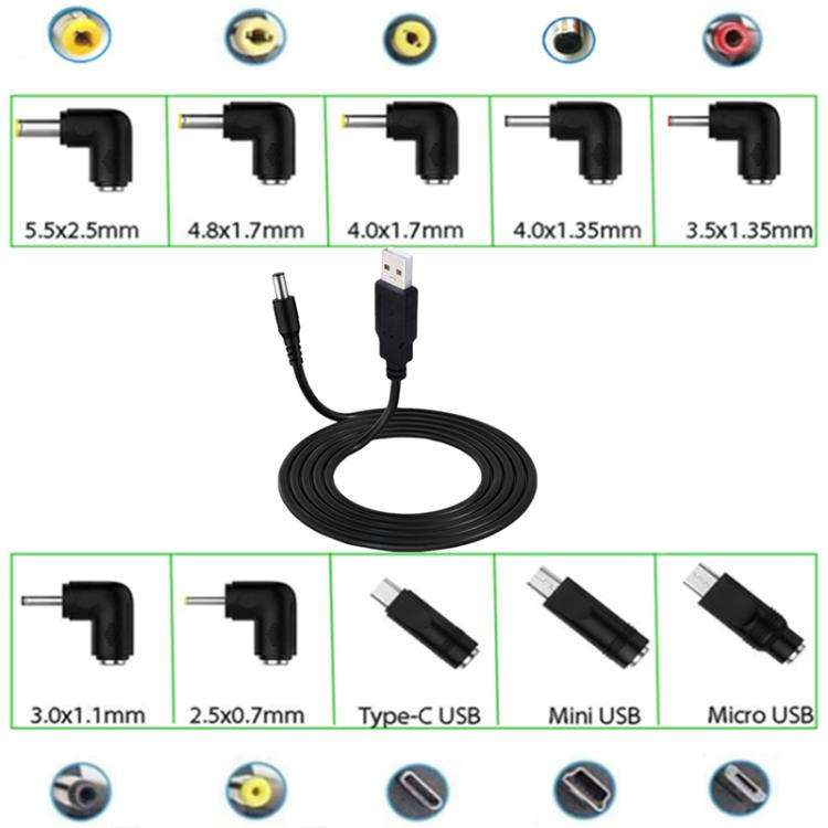 1.5m USB to DC5.5x2.1mm Male Power Cord with 13pcs Converter(Black)