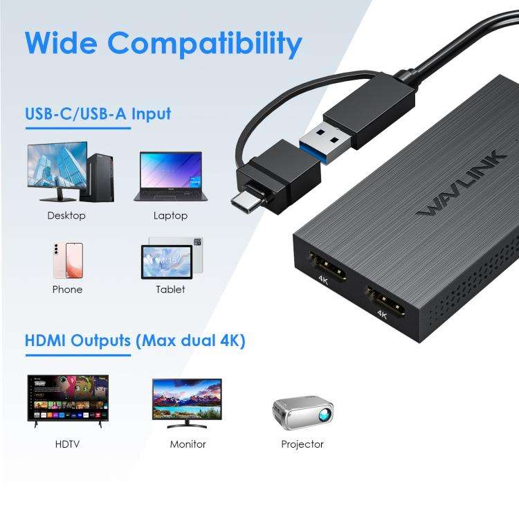 WAVLINK WL-UG6902H USB-A and USB-C / Type-C to Dual HDMI 4K 60Hz Display Adapter(Black)