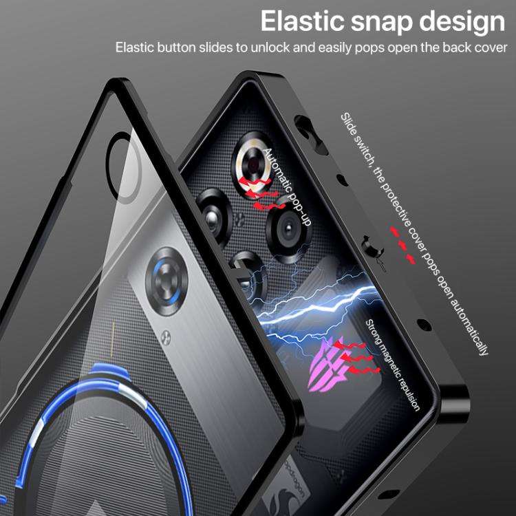 For ZTE nubia Red Magic 11 Pro Snap Buckle Metal Frame Glass Back Panel Phone Case(Black)