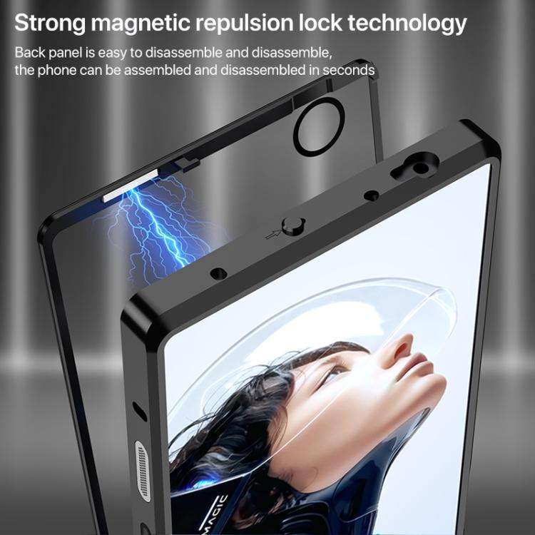 For ZTE nubia Red Magic 11 Pro Snap Buckle Metal Frame Glass Back Panel Phone Case(Black)