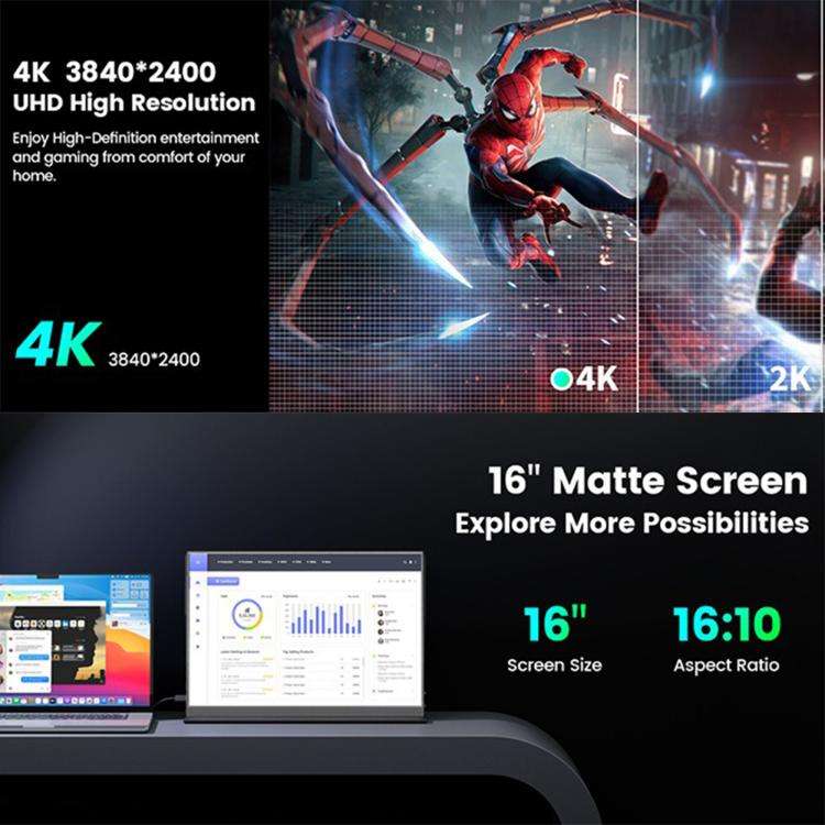 P160A20 16 inch 4K Portable Monitor Gaming Extended Screen(Black)