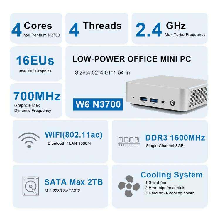 MN370 Windows 10 Low-power Home Office Mini PC, 8GB + 128GB, Intel Pentium N3700 Quad Core Proces...