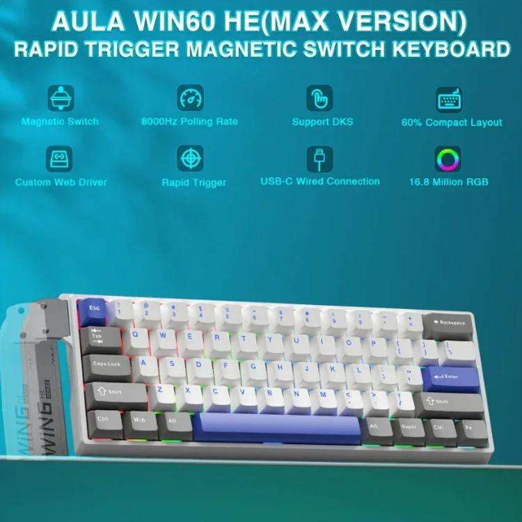 AULA WIN60HE MAX Edition 60 Keys RGB Wired Keyboard(Gray Blue White Wing Chun Magnetic Axis)