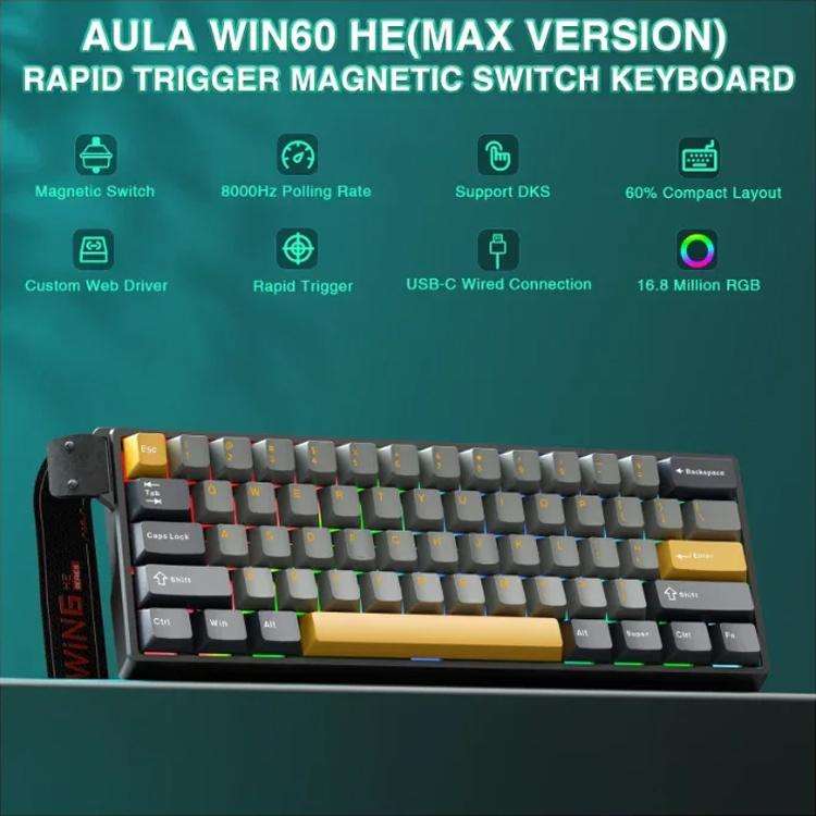 AULA WIN60HE MAX Edition 60 Keys RGB Wired Keyboard(Dark Grey Light Grey Yellow Wing Chun Magneti...