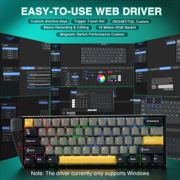 AULA WIN60HE MAX Edition 60 Keys RGB Wired Keyboard(Dark Grey Light Grey Yellow Wing Chun Magneti...