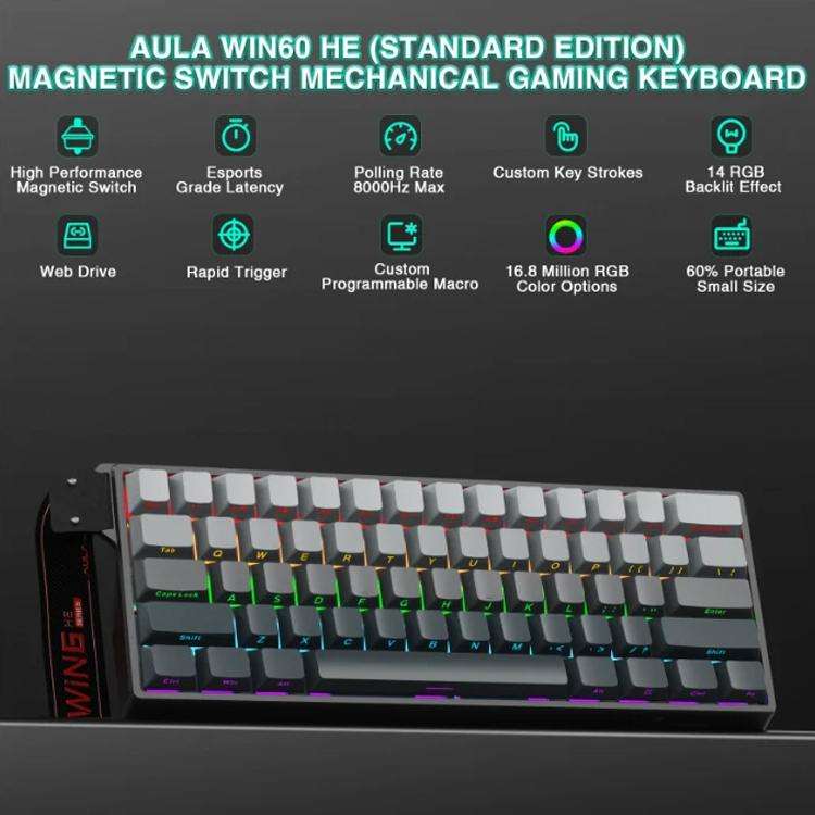 AULA WIN60HE Standard Edition 60 Keys RGB Wired Keyboard(Side Printed Black Gray Wood Magnetic Axis)