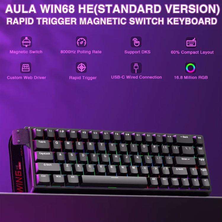 AULA WIN68HE Standard Version 68 Keys RGB Wired Keyboard(Black Grey Wood Magnetic Axis)