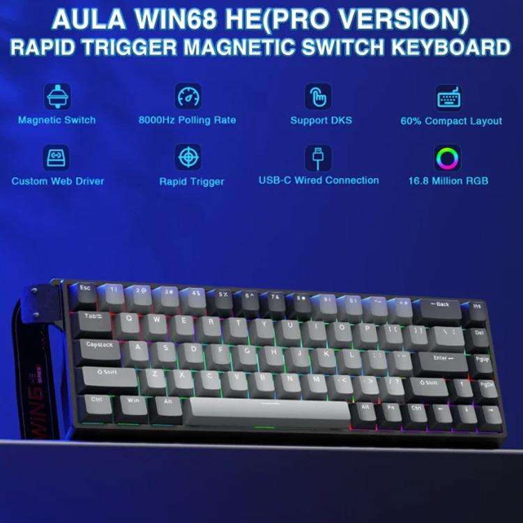 AULA WIN68HE Pro Version 68 Keys RGB Wired Keyboard(Dark Grey+Light Grey Shaped Magnetic Axis)