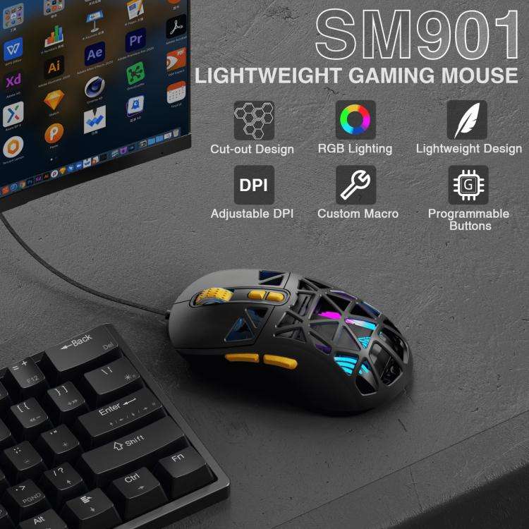 SOLAKAKA SM901 Hollow RGB Light Wired Gaming Mouse(Black)