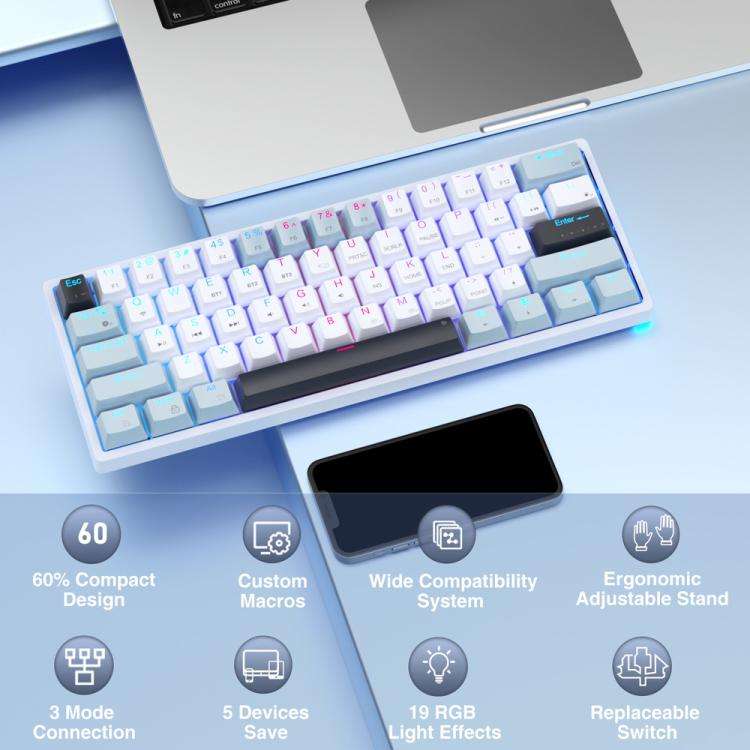 SOLAKAKA SK961 Tri-mode RGB 61 Keys Wireless Mechanical Keyboard, Type:Red Axis(White Blue)