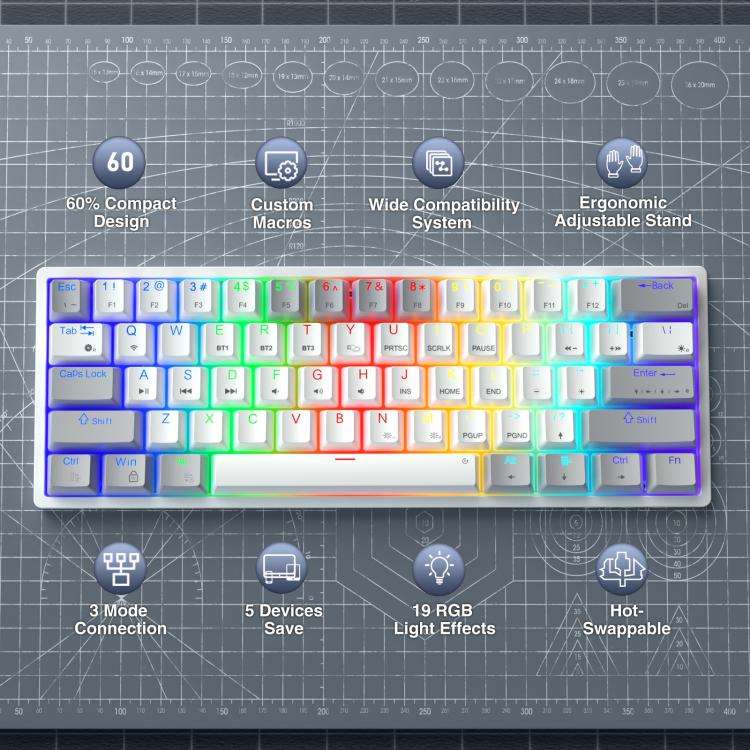 SOLAKAKA SK961 Tri-mode RGB 61 Keys Wireless Mechanical Keyboard, Type:Red Axis(Grey White)
