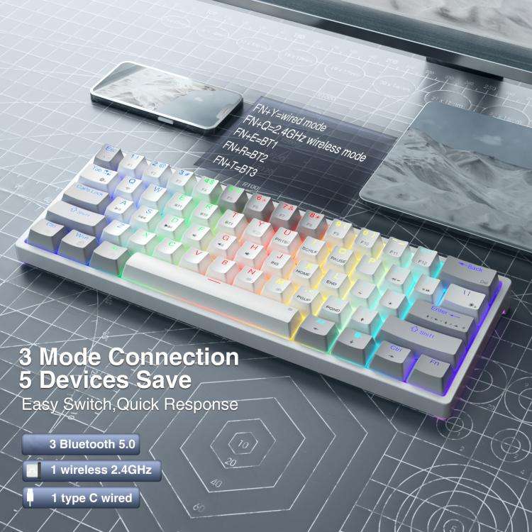 SOLAKAKA SK961 Tri-mode RGB 61 Keys Wireless Mechanical Keyboard, Type:Red Axis(Grey White)