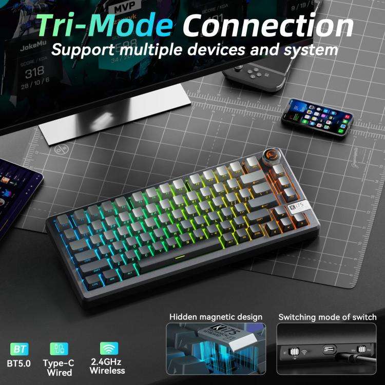SOLAKAKA Ki75 Tri-mode RGB Side-Legend Wireless Mechanical Keyboard, Type:Seiya Switch(Gradient G...