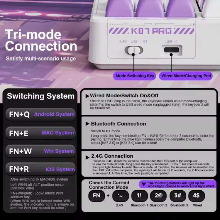 LINGBAO K87 Pro Tri-Mode Hot Swap Game Mechanical Keyboard, Type:Lucinel-Hanada Axis
