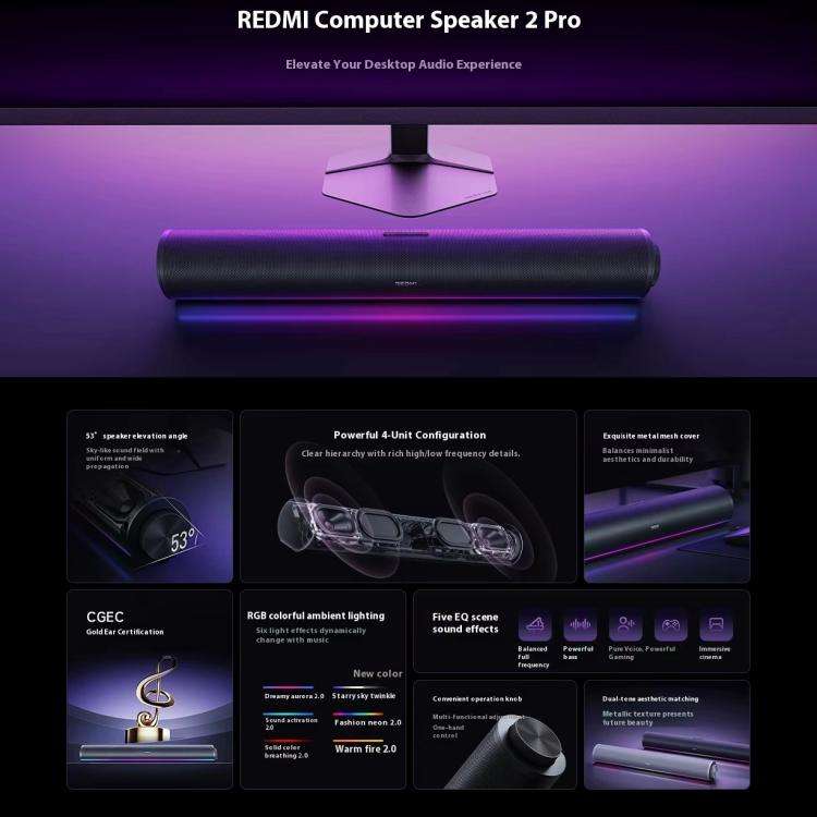 Original Xiaomi Redmi Computer Speaker 2 Pro RGB Light Desktop Stereo Soundbar(Silver)