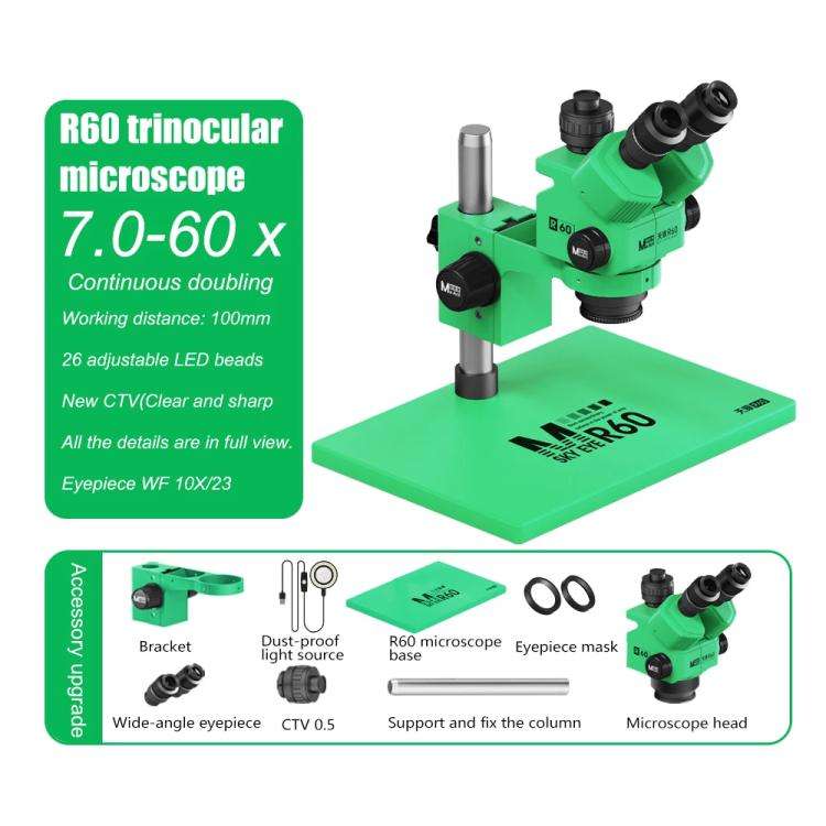 MaAnt Sky Eye R60 7-60X Colorful Trinocular Microscope with Large Base(Green)