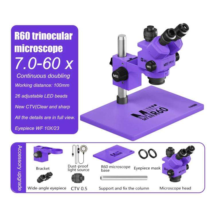 MaAnt Sky Eye R60 7-60X Colorful Trinocular Microscope with Large Base(Purple)